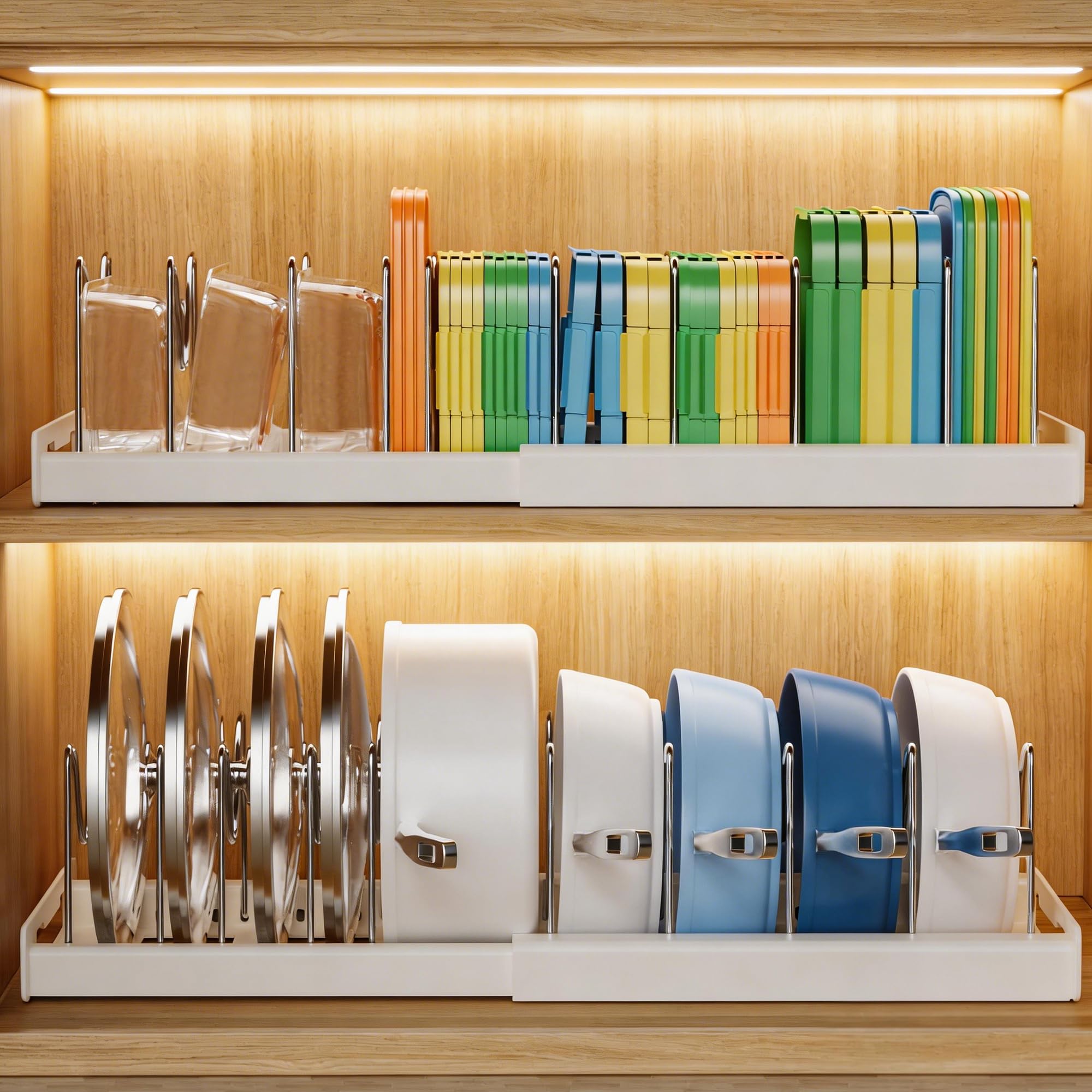 Nigelia front view of two white organizers showing compact storage benefit