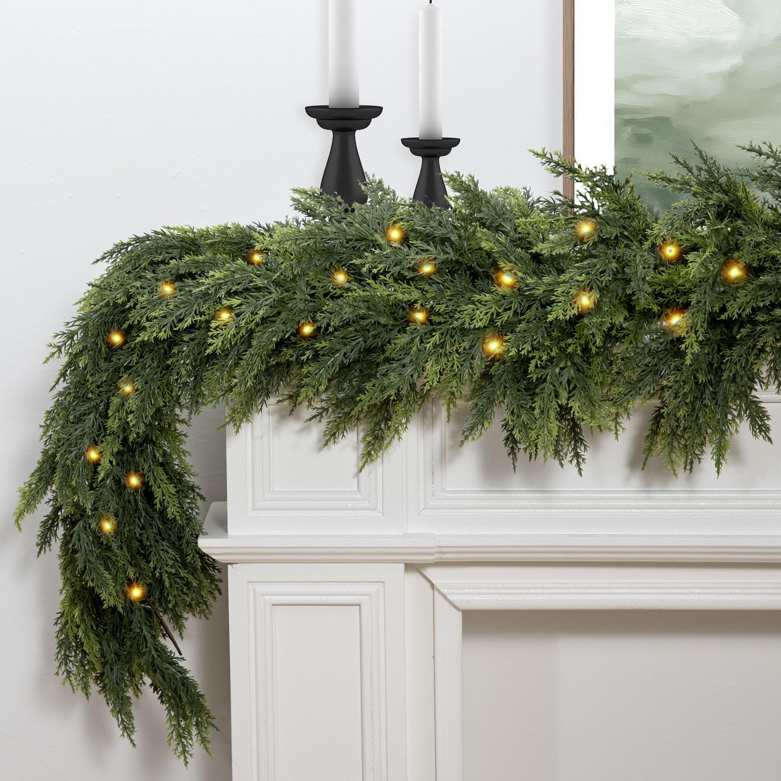 NIGHT-GRING front view of full 6ft cedar garland ready to decorate