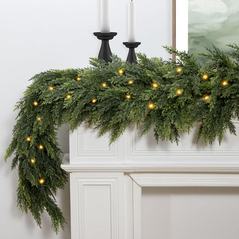 NIGHT-GRING front view of full 6ft cedar garland ready to decorate