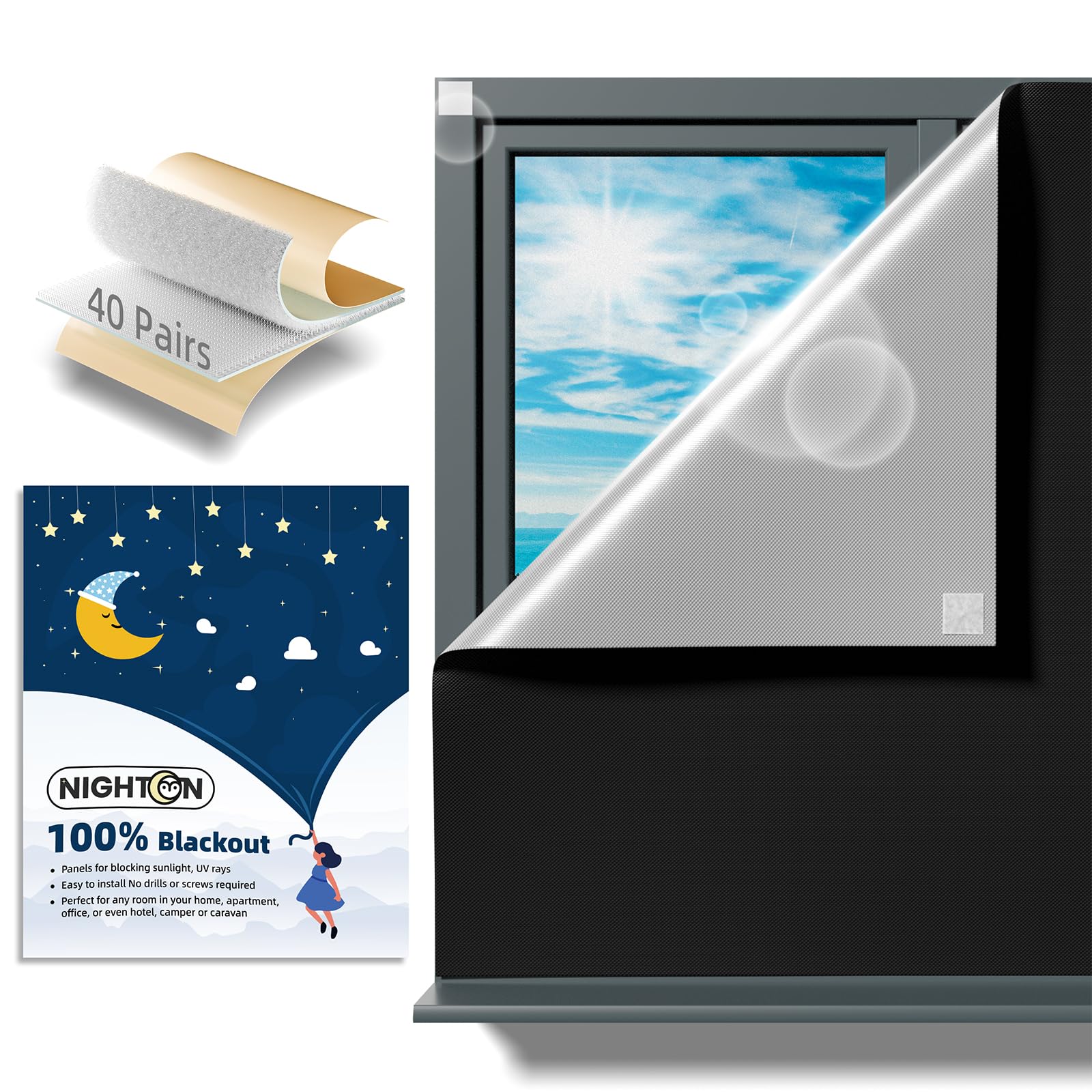 NIGHTON front panel view showing full blackout coverage and easy portability