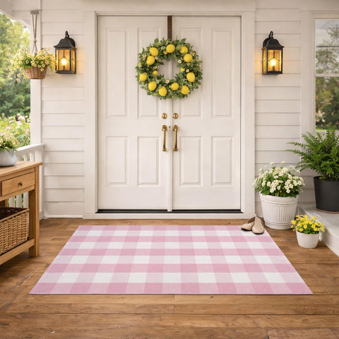 NIIKOOS front view pink plaid rug enhances doorway style and protection