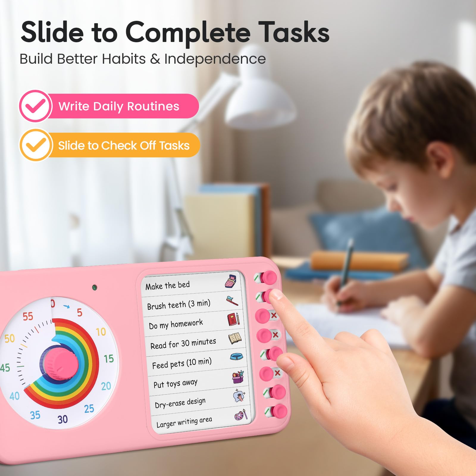 Nikafly dry-erase surface with written tasks, allows easy rewrites