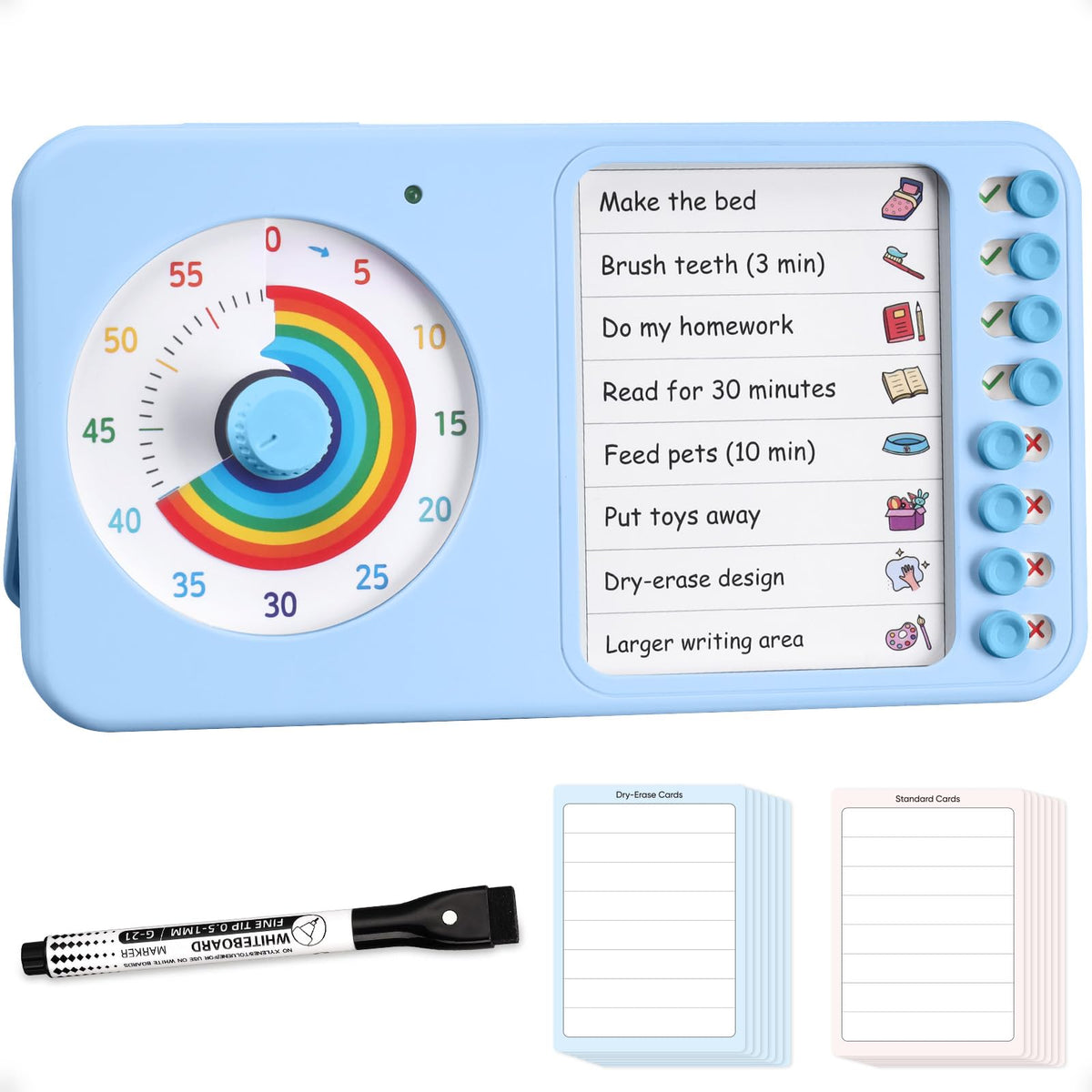 Nikafly front view showing blue timer and task board for quick routine setup and clarity