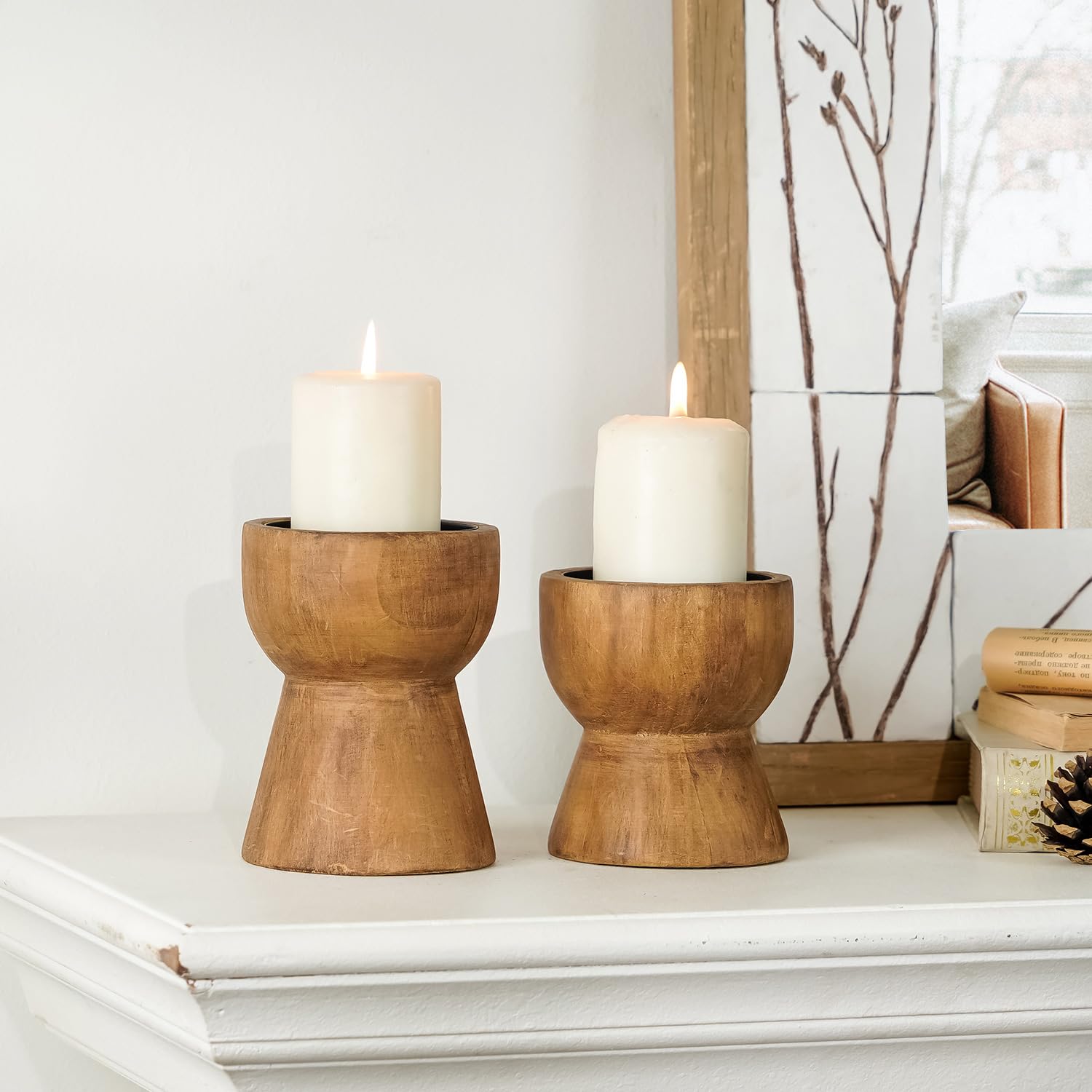 NIKKY HOME front view of wooden candle holders showcasing rustic style and balance