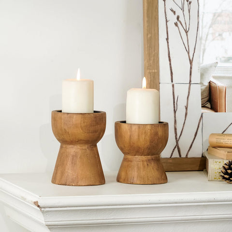 NIKKY HOME front view of wooden candle holders showcasing rustic style and balance