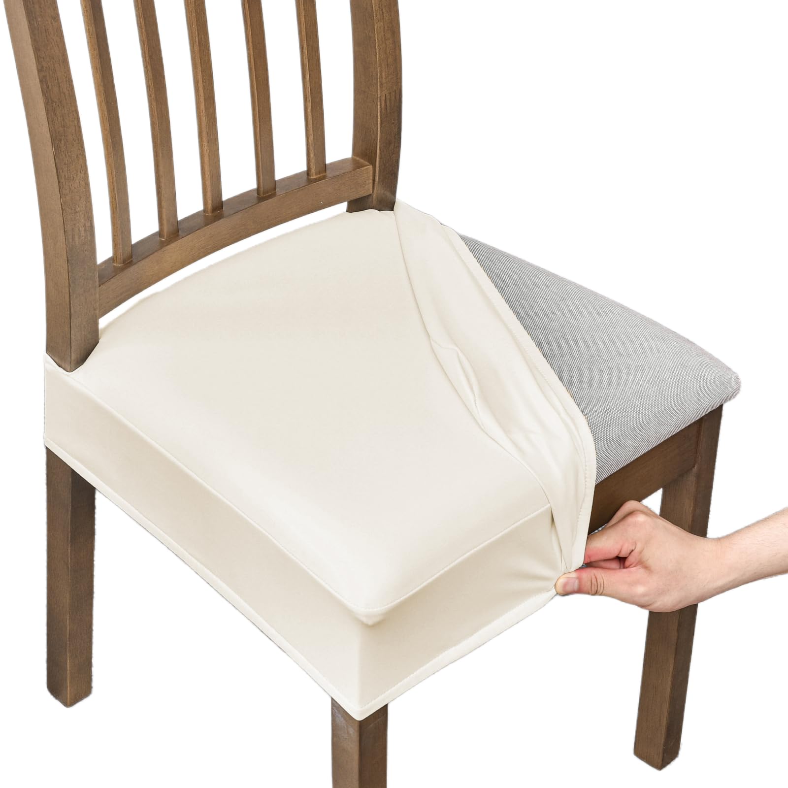 NILUOH front view of four light beige seat covers showing neat fit and protection