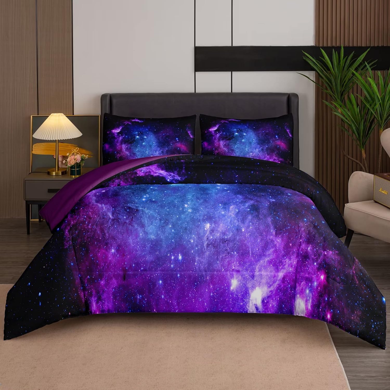 NINENINE comforter front view showing purple galaxy print and cozy loft