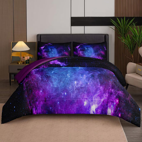 NINENINE comforter front view showing purple galaxy print and cozy loft
