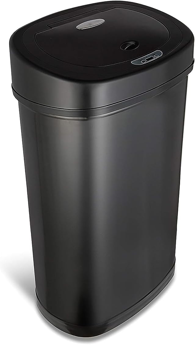 Ninestars front view of 13.2 gal black trash can shows sleek design and neat storage