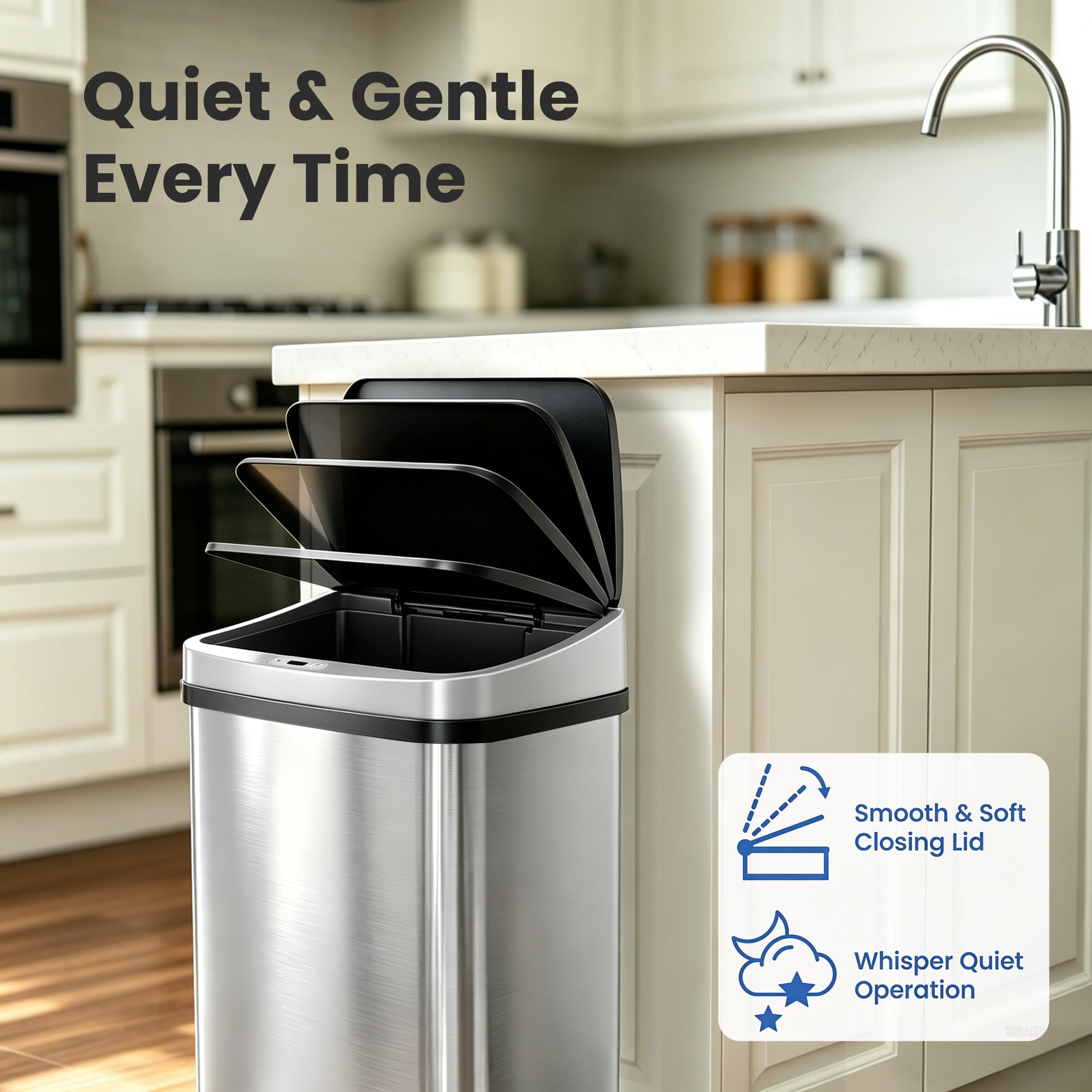 Ninestars lid open with hand motion illustrating automatic sensor operation and hygienic benefit