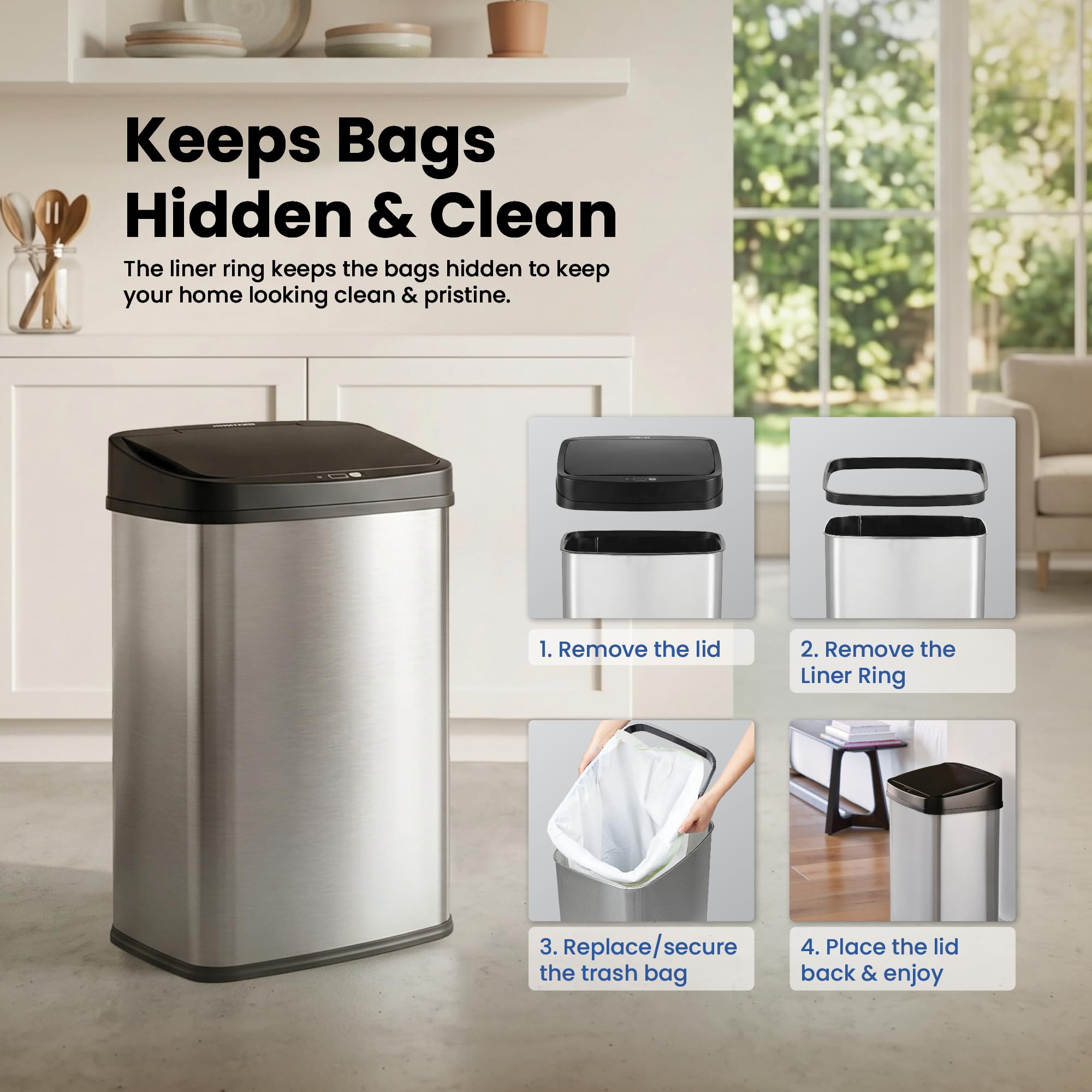 Ninestars removable liner ring detail for quick bag changes and cleaner edges