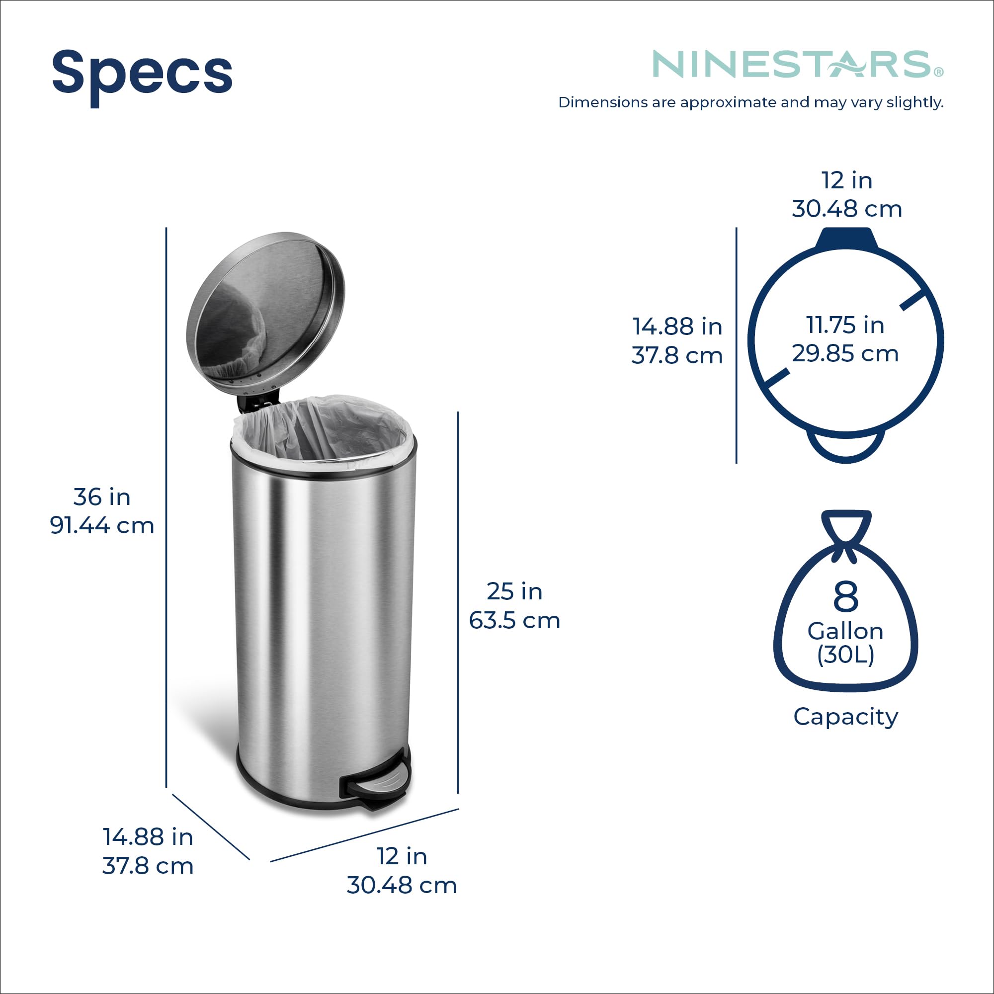 Ninestars size comparison illustrating 8L main can and 1.2L bathroom can scale