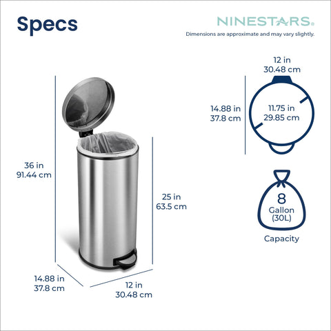 Ninestars size comparison illustrating 8L main can and 1.2L bathroom can scale