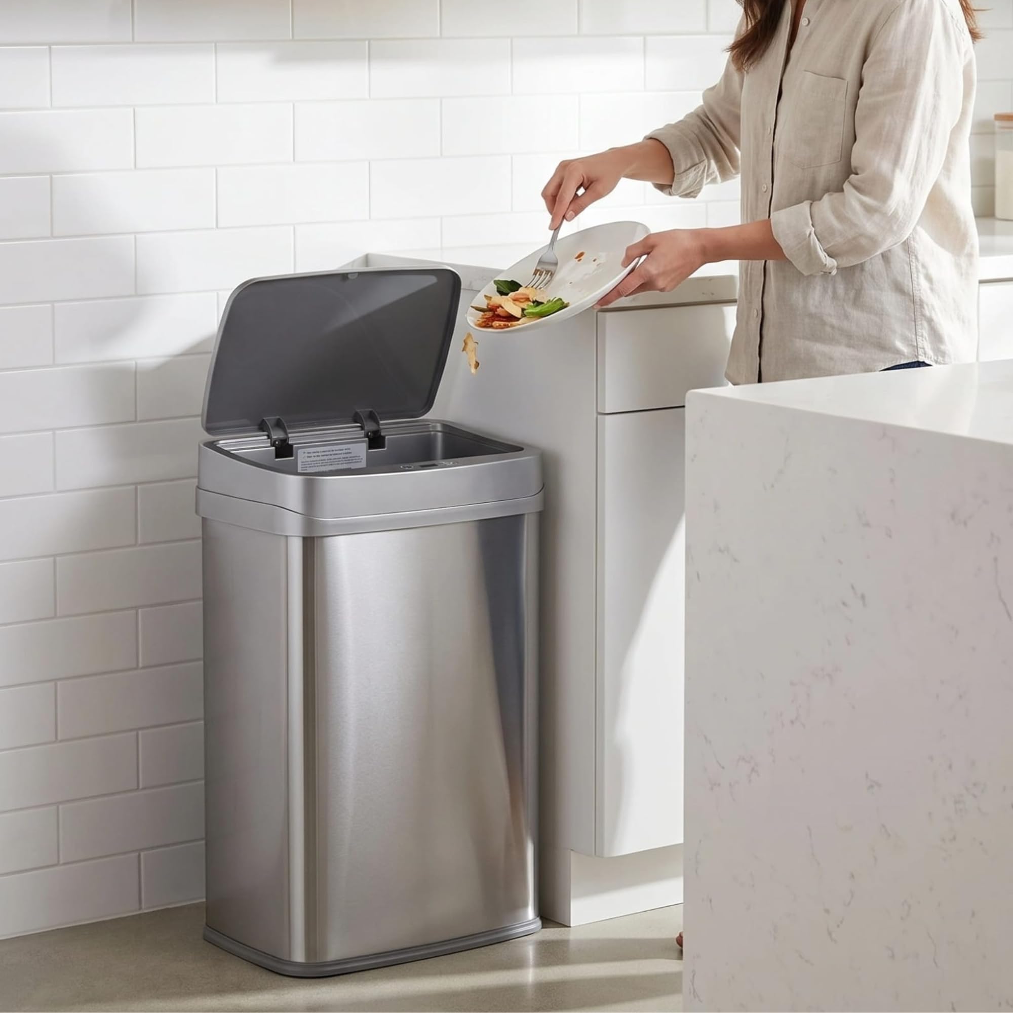Ninestars beside kitchen cabinet showing 13 gallon scale and space-saving footprint