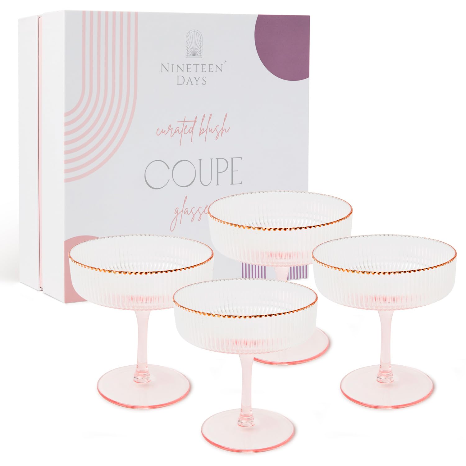 Nineteen Days pink coupe glasses front view showing set elegance and presentation benefit