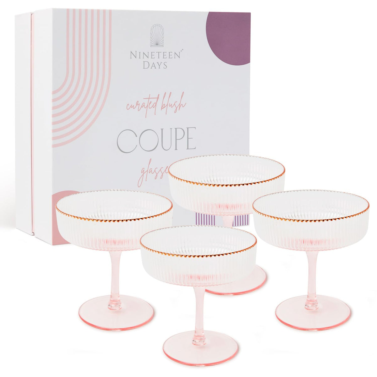 Nineteen Days pink coupe glasses front view showing set elegance and presentation benefit