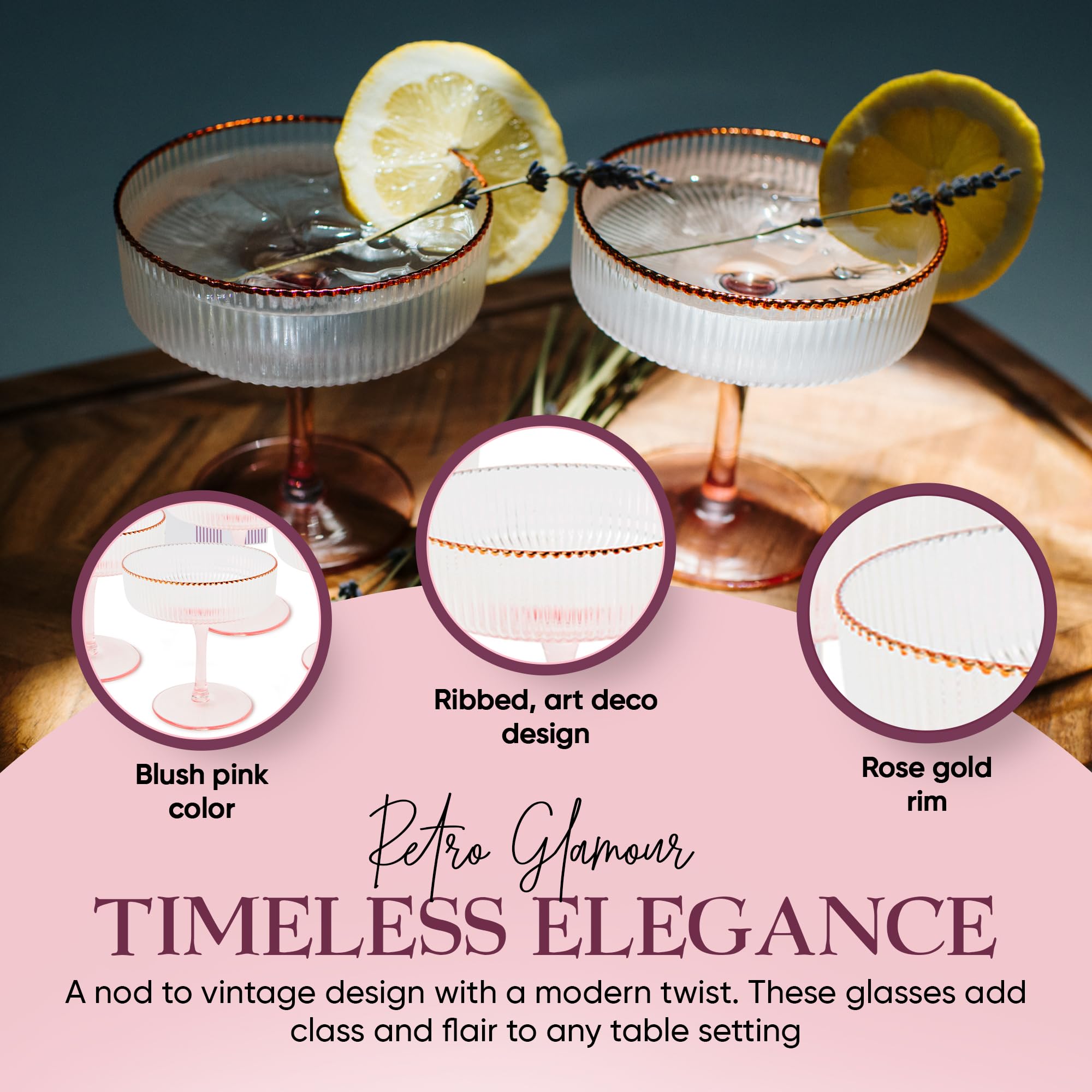 Nineteen Days coupe glasses styled on table showing party-ready aesthetic benefit