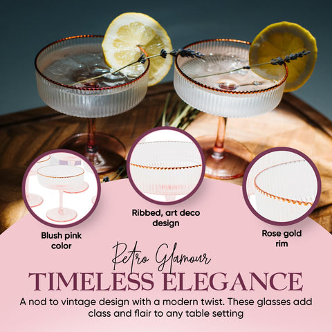 Nineteen Days coupe glasses styled on table showing party-ready aesthetic benefit