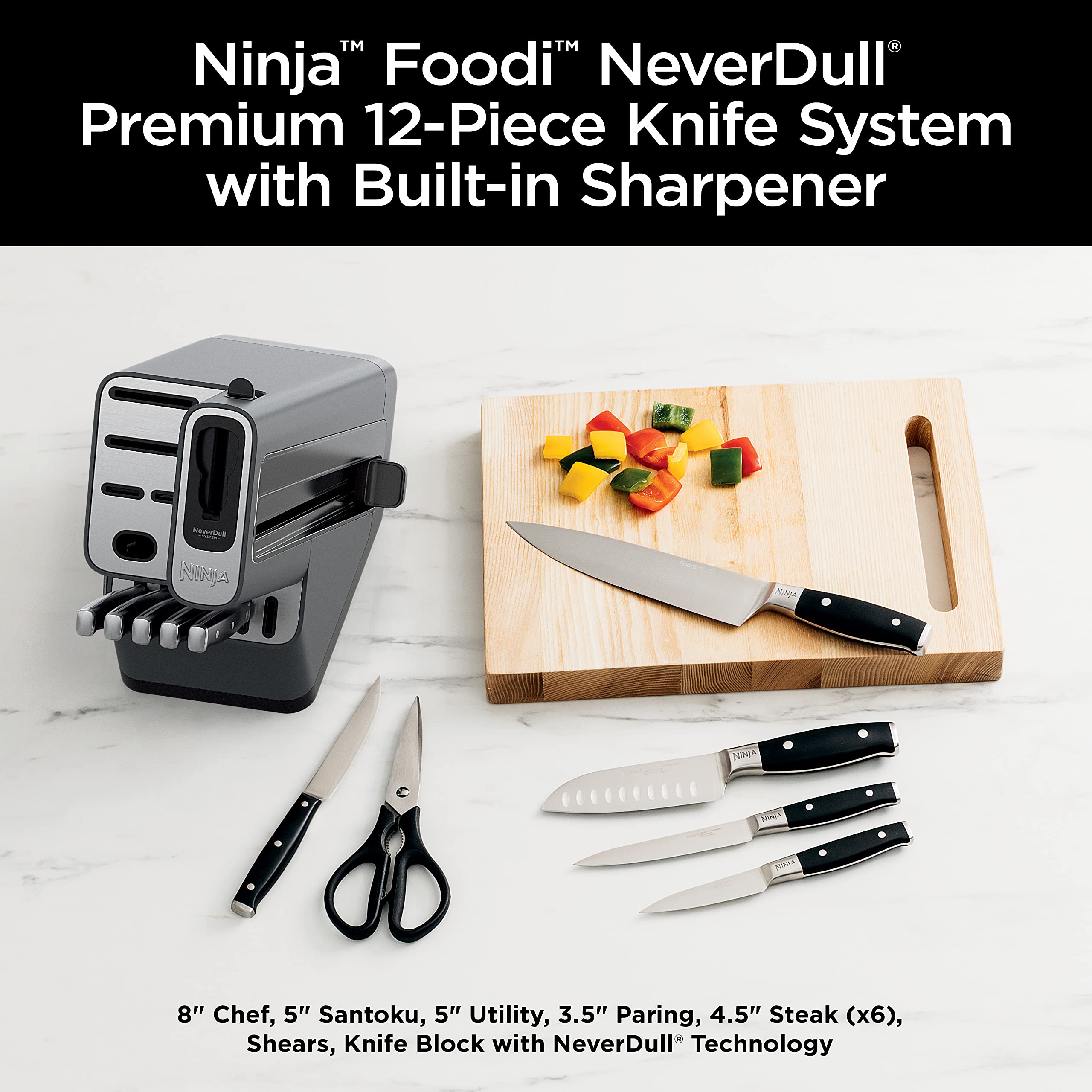 Ninja 8-inch chef knife blade close-up showing forged steel for precise cutting