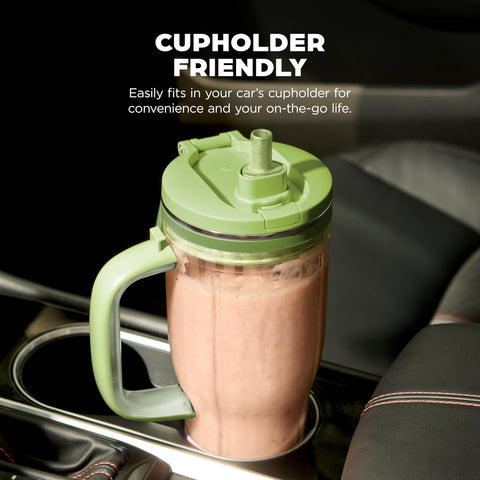 Ninja BlendBOSS placed in car cupholder illustrating compact, travel-friendly size