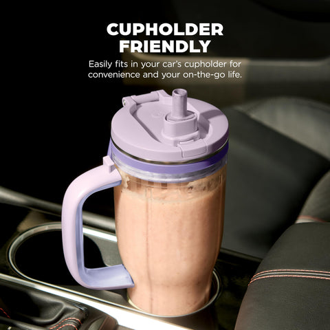 Ninja BlendBOSS purple tumbler in commute scene showing portability and everyday use