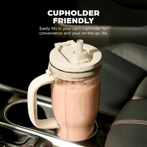 Ninja BlendBOSS tumbler in outdoor setting illustrating portability benefit