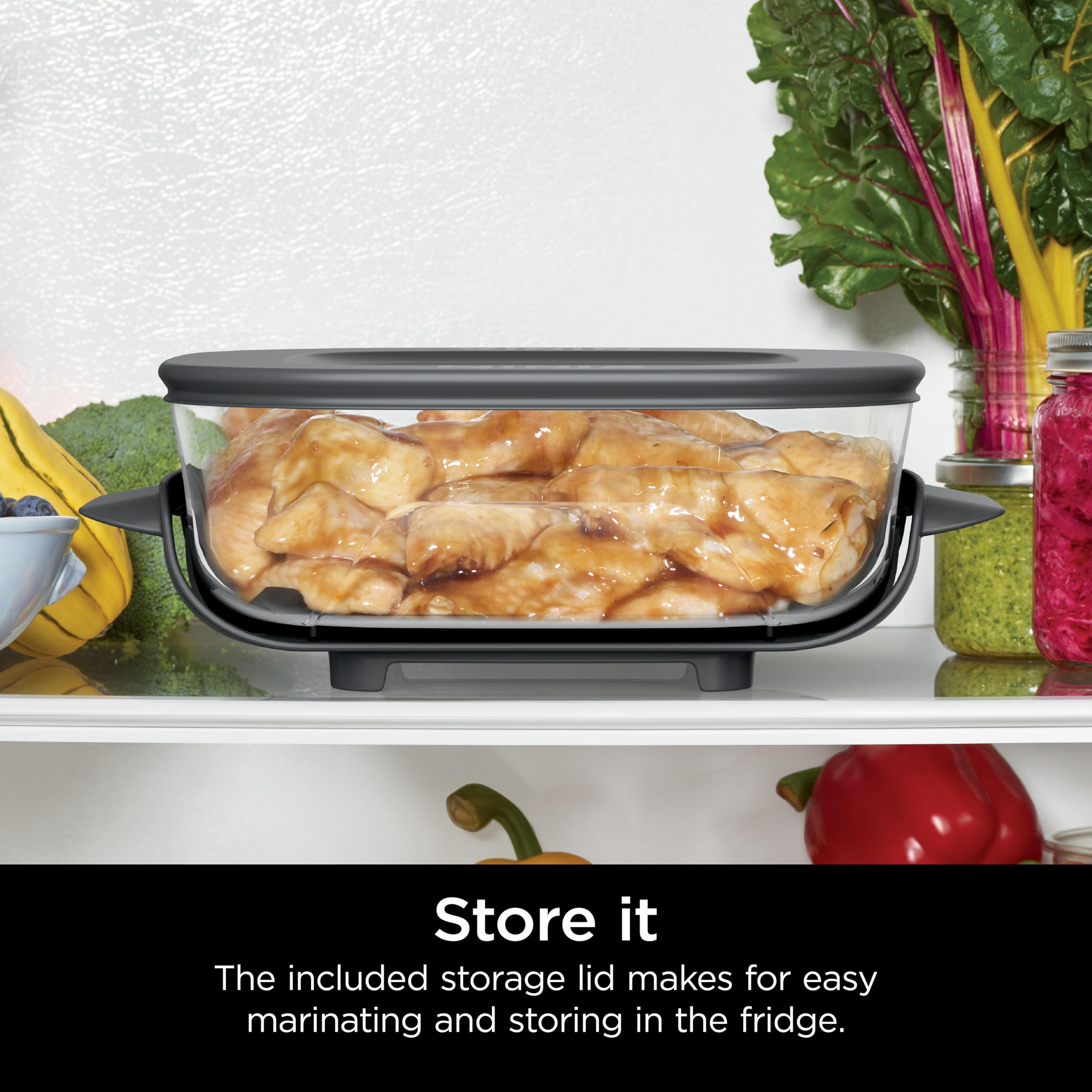 Ninja container stored in fridge showing compact space-saving storage