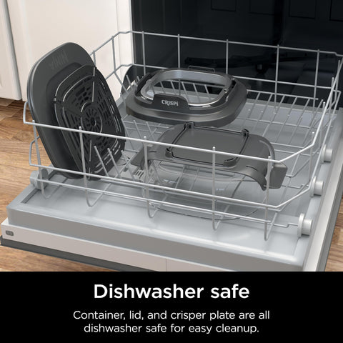 Ninja container, lid, and crisper plate loaded in dishwasher for easy cleanup