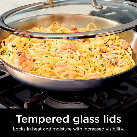 Ninja EverClad saucepan interior showing 18/10 stainless surface for non-reactive cooking