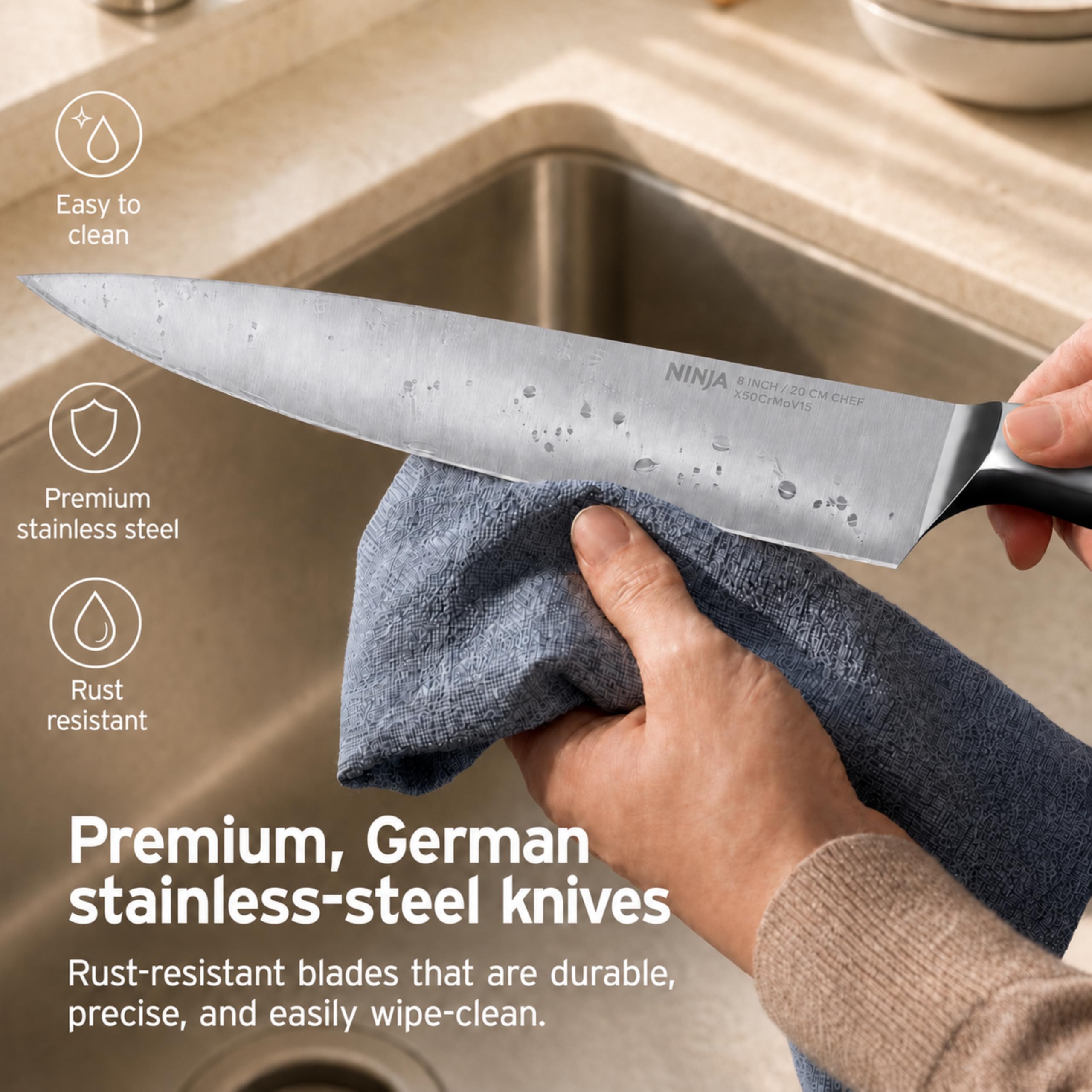 Ninja kitchen shears beside block showing multi-use utility and strong cutting power