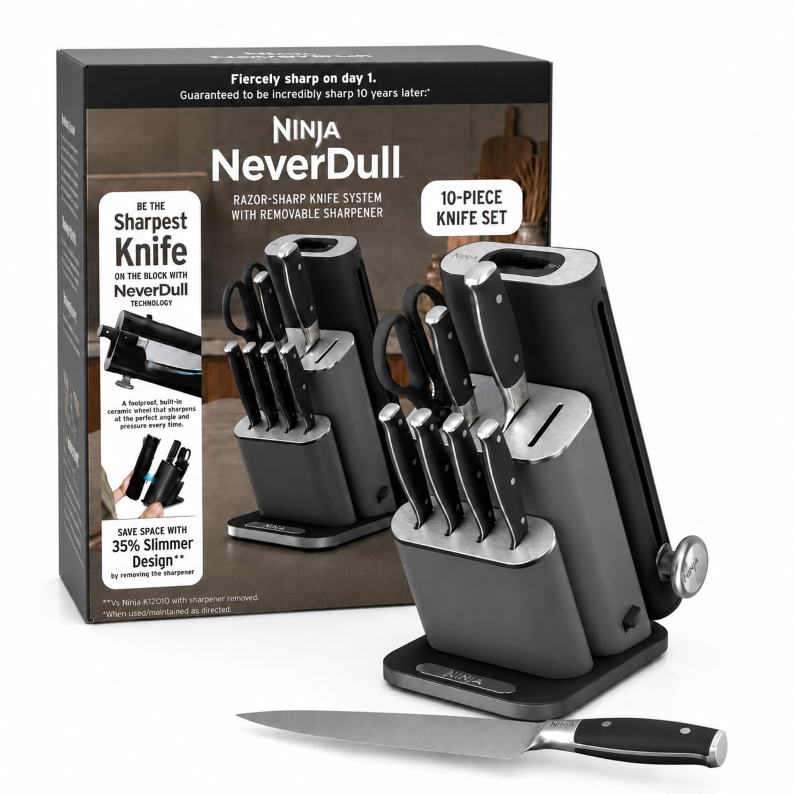 Ninja knife set front view on countertop showing organized block and blades for easy reach