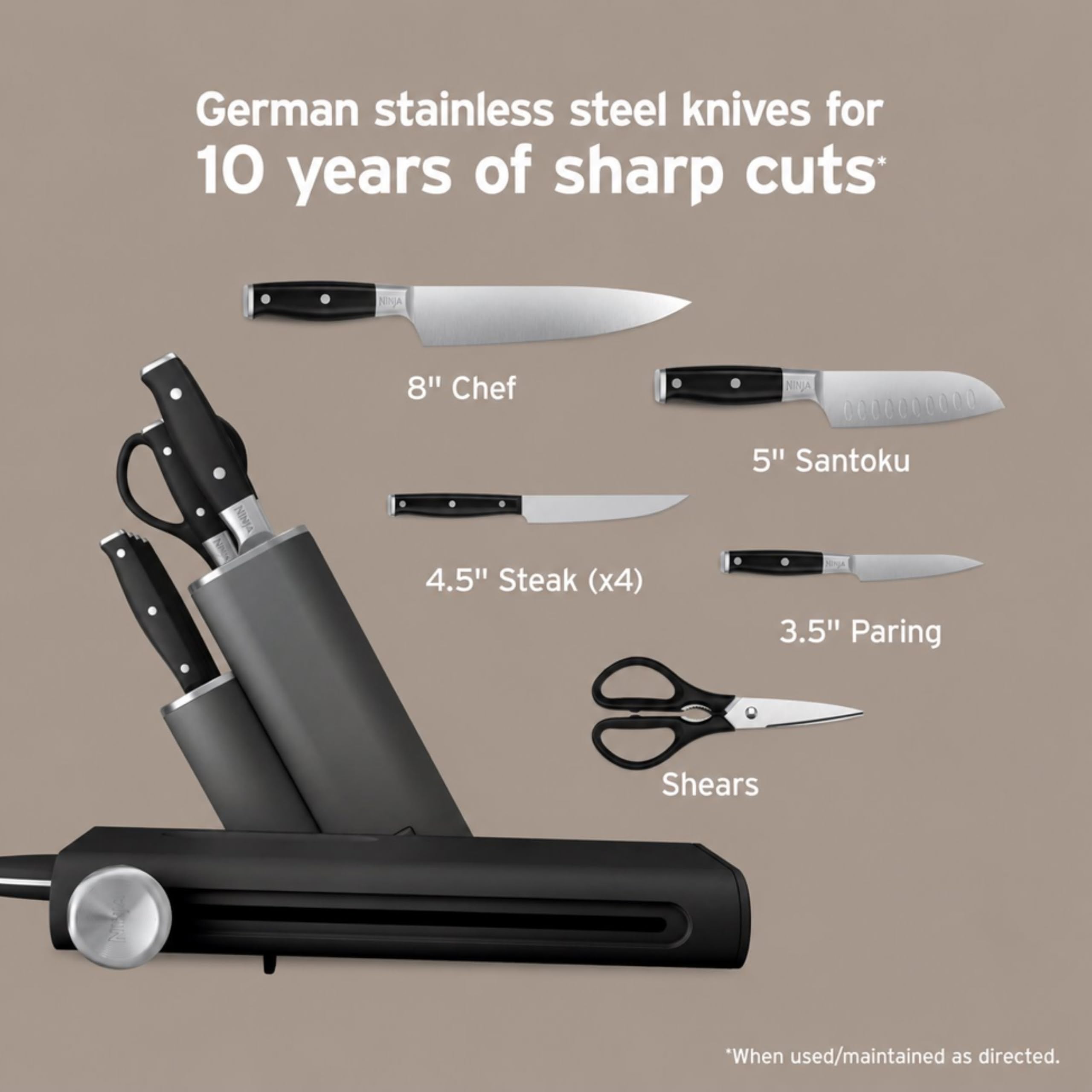 Ninja knives in use slicing cooked steak to illustrate effortless, precise cuts
