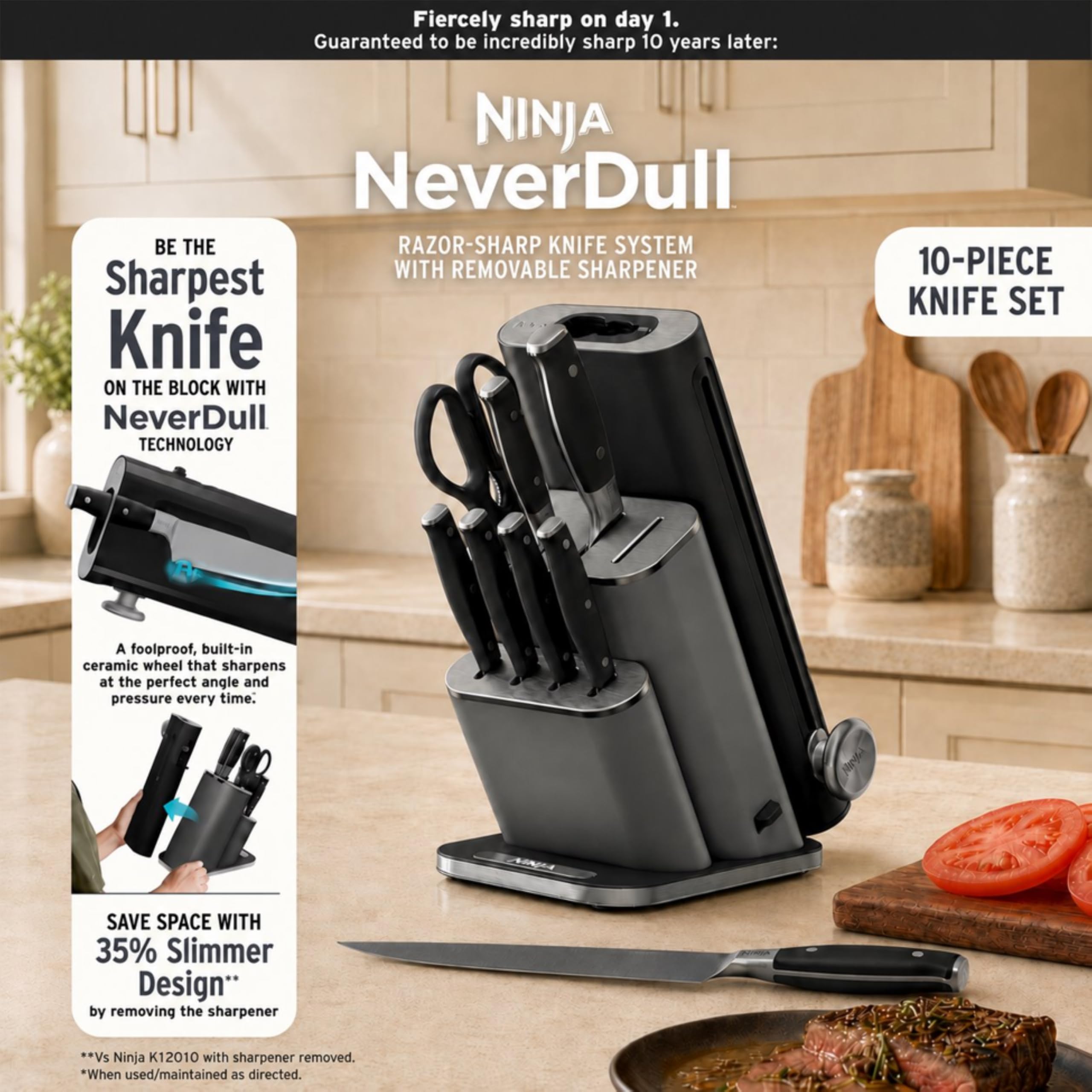 Ninja knives beside hand for scale showing full-tang balance and comfortable grip