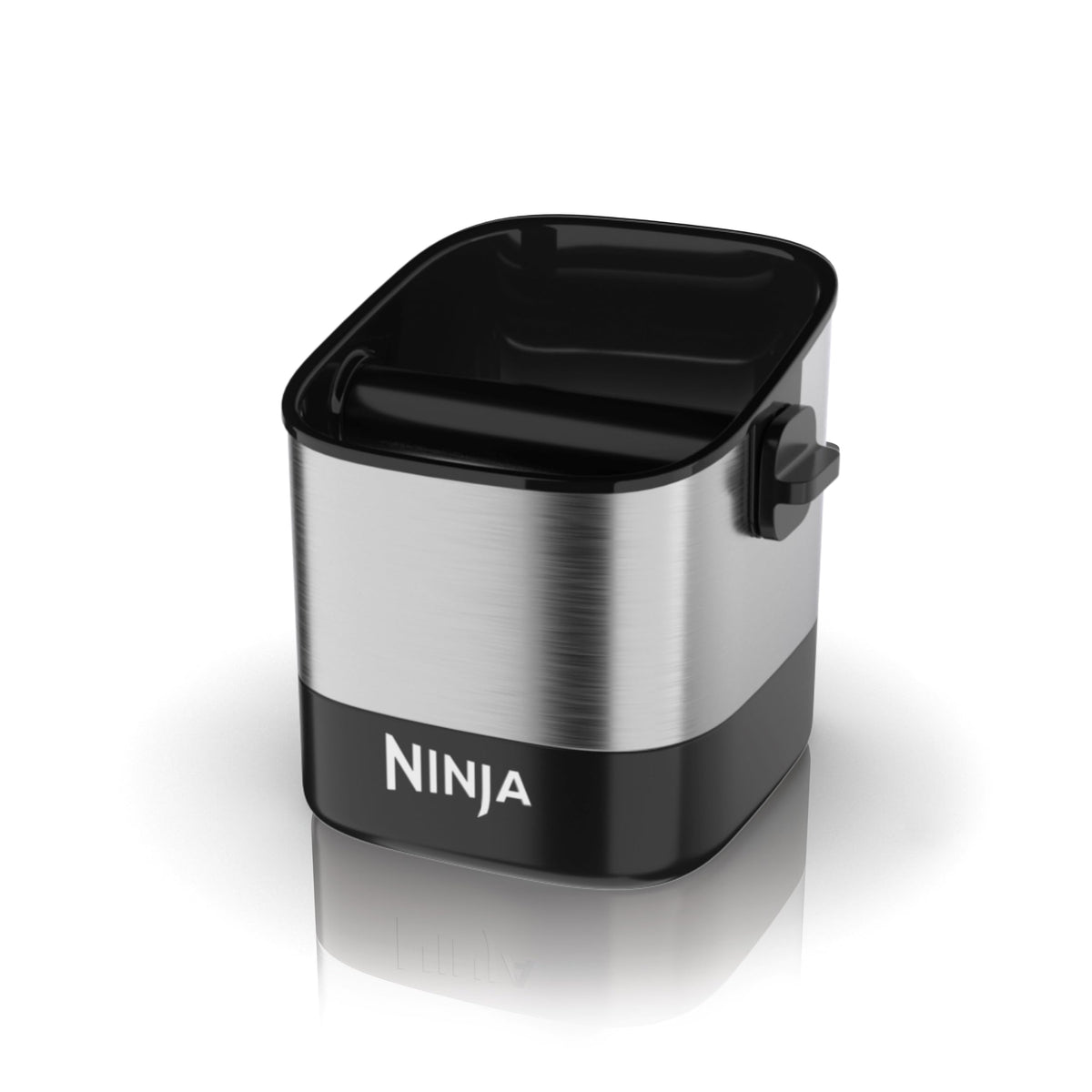 Ninja knock box front view shows stainless finish and tidy design benefit