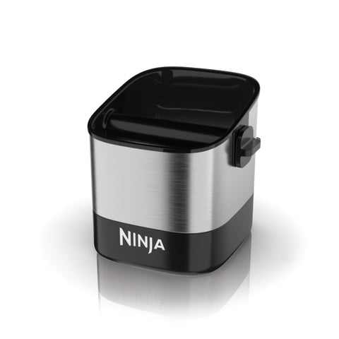 Ninja knock box front view shows stainless finish and tidy design benefit