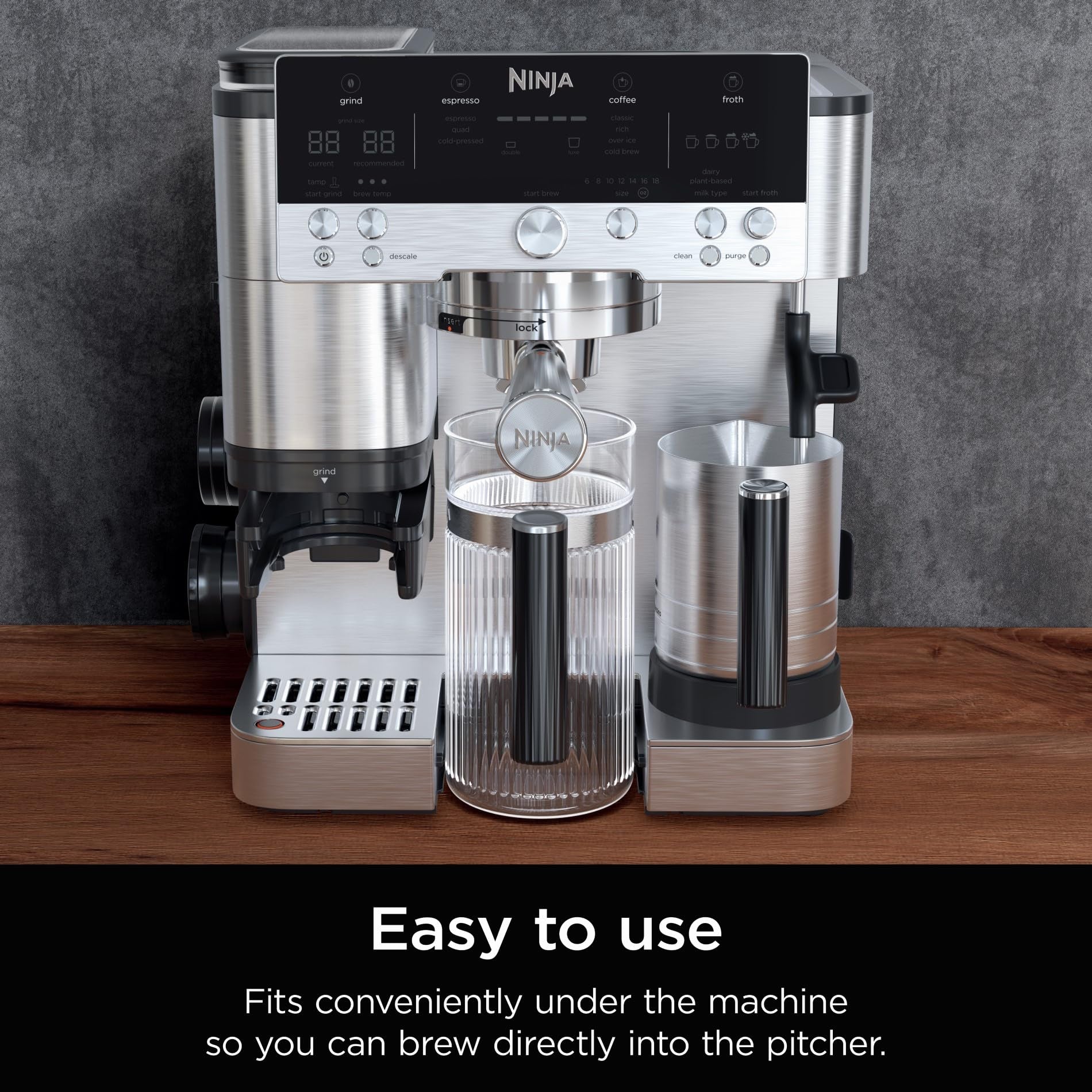 Ninja Luxe Café pitcher brewing under Luxe portafilter for direct fill
