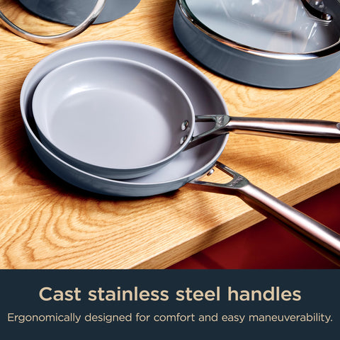 Ninja cookware styled on kitchen table to show color and everyday use appeal