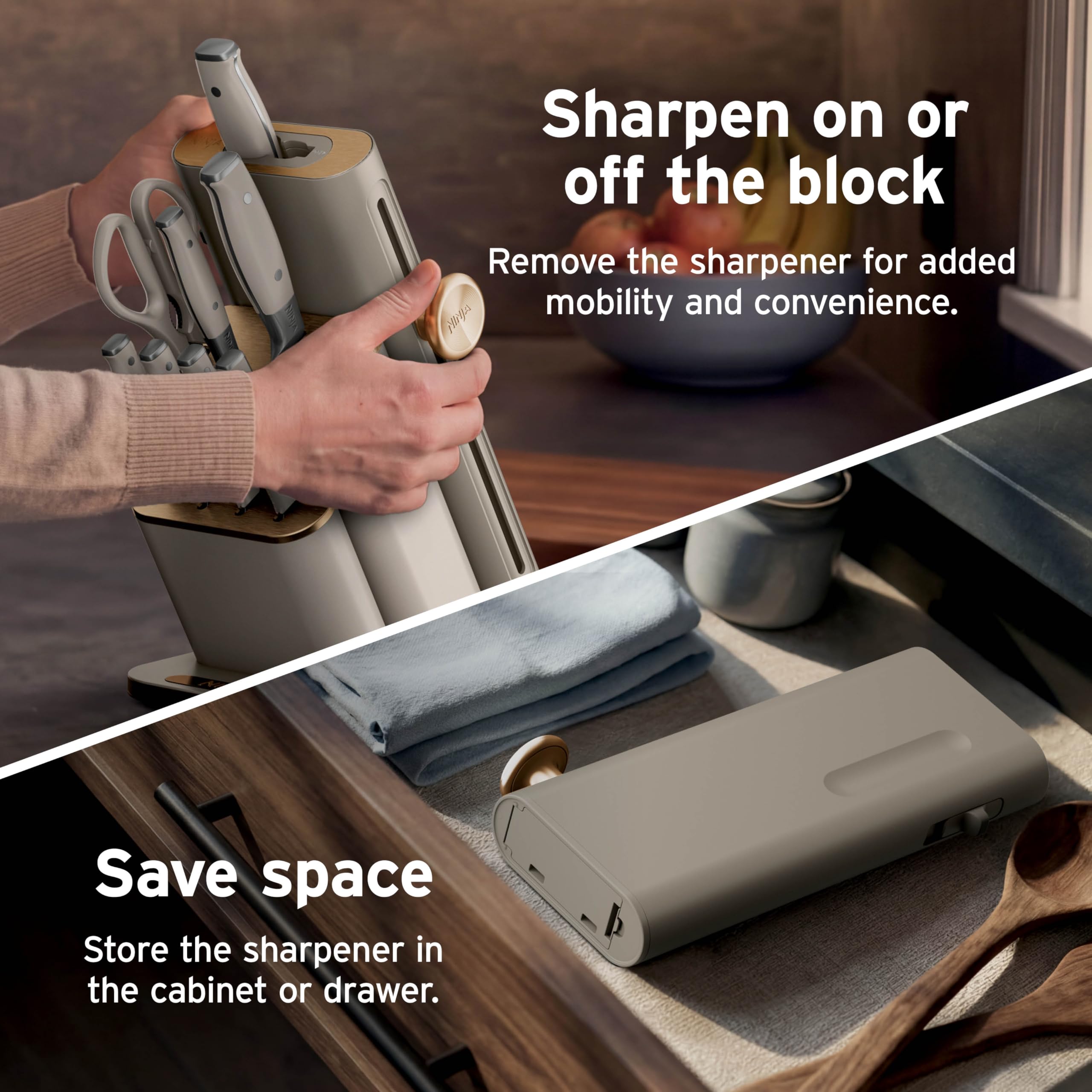 Ninja block with attached NeverDull sharpener demonstrating stable sharpening