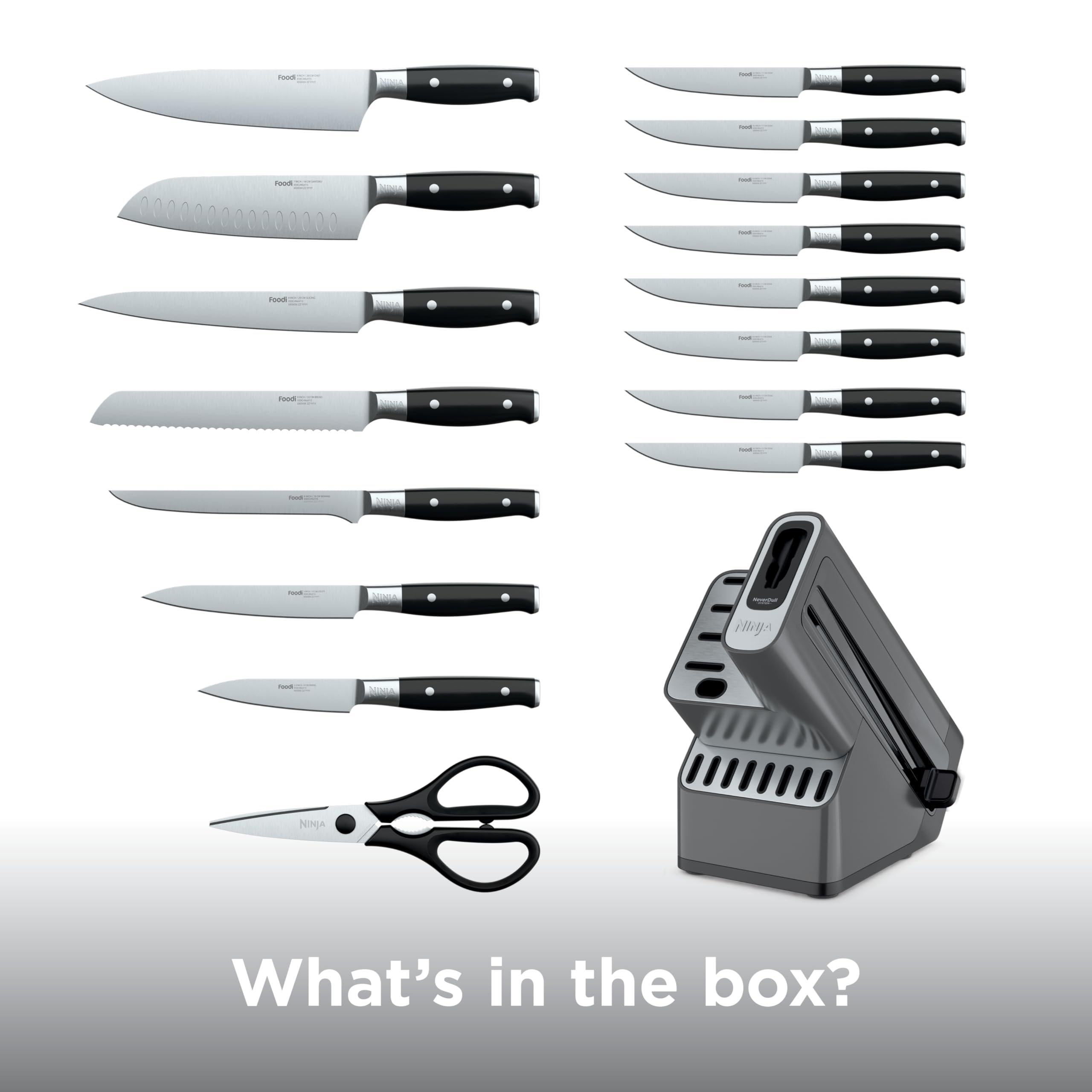 Ninja NeverDull chef and santoku knives grouped to show versatile cutting options