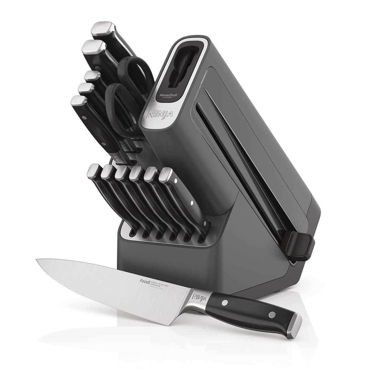 Ninja front block showing full 14-piece set and built-in sharpener for countertop readiness