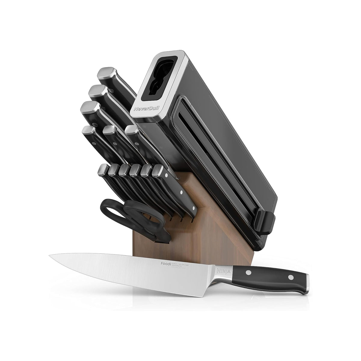 Ninja knife block front view showing organized knives and compact footprint benefit