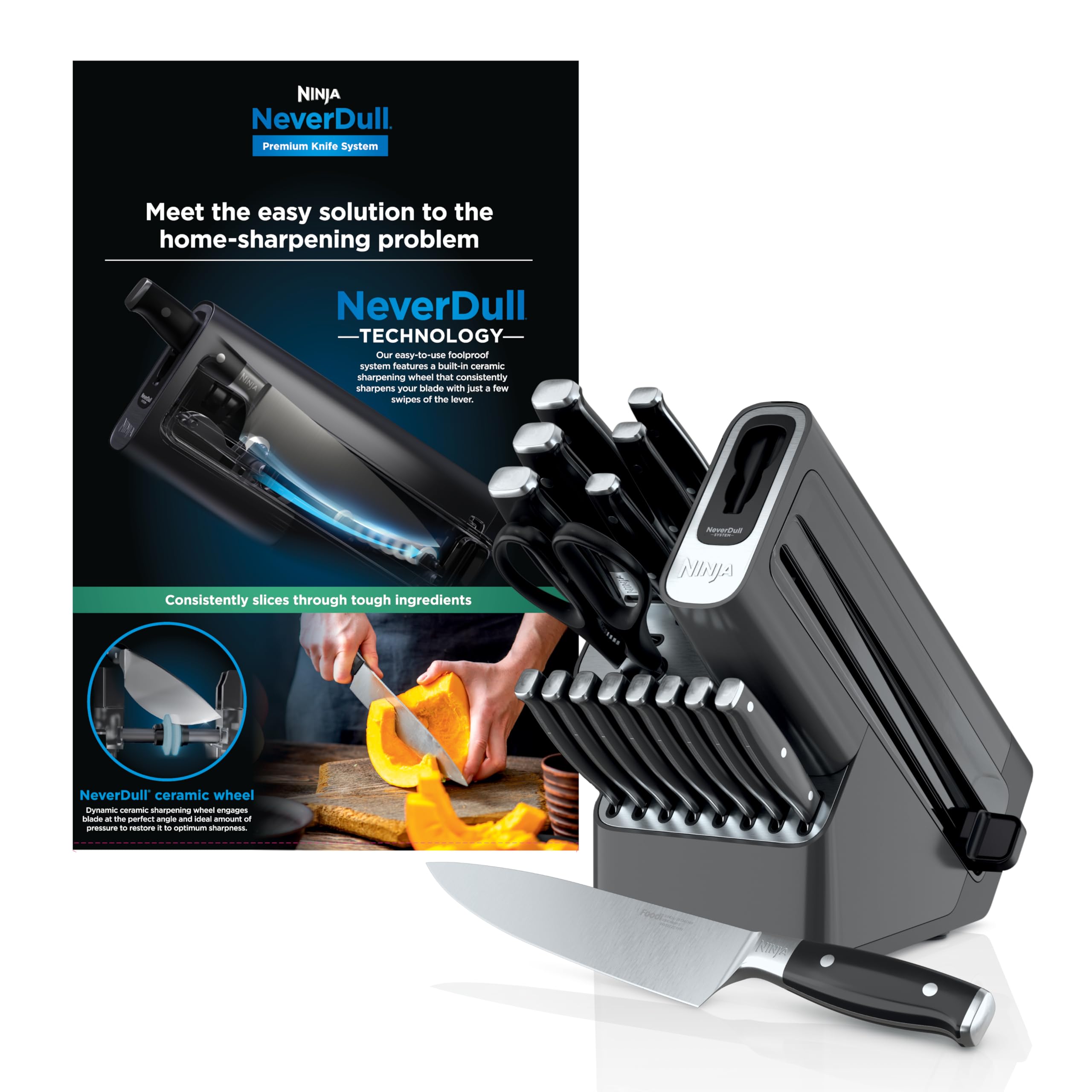 Ninja NeverDull knife block front view showing organized storage and sleek finish