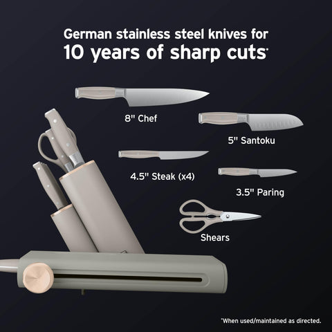 Ninja knives beside common kitchen items to show scale and sizing