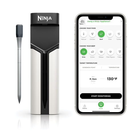 Ninja ProChef WP100ME front view showing probe and charging case for reliable outdoor cooking