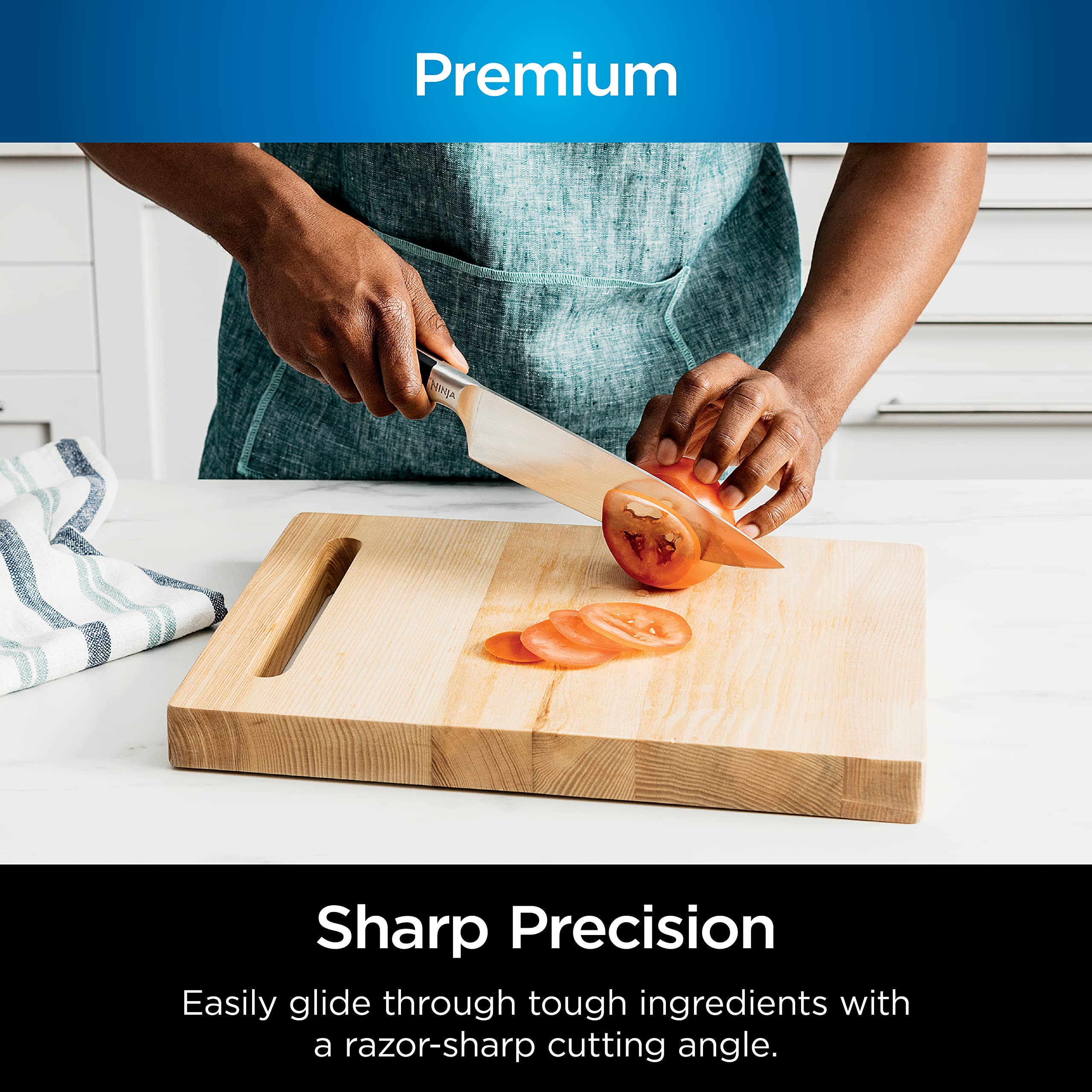 Ninja six steak knives lined up showing clean slices and attractive table presentation