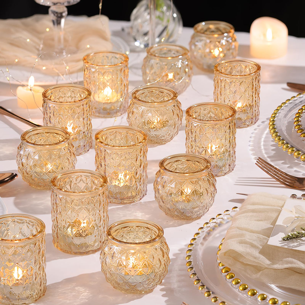 NITIME front view of 36-piece gold votive holders showing elegant set and coordination