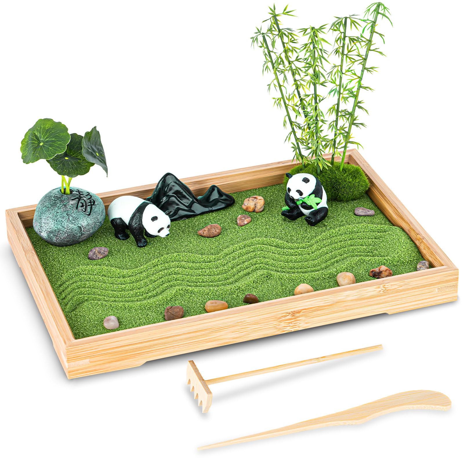 NIUBBI front view of full zen garden displaying tray and green sand, calming desk decor