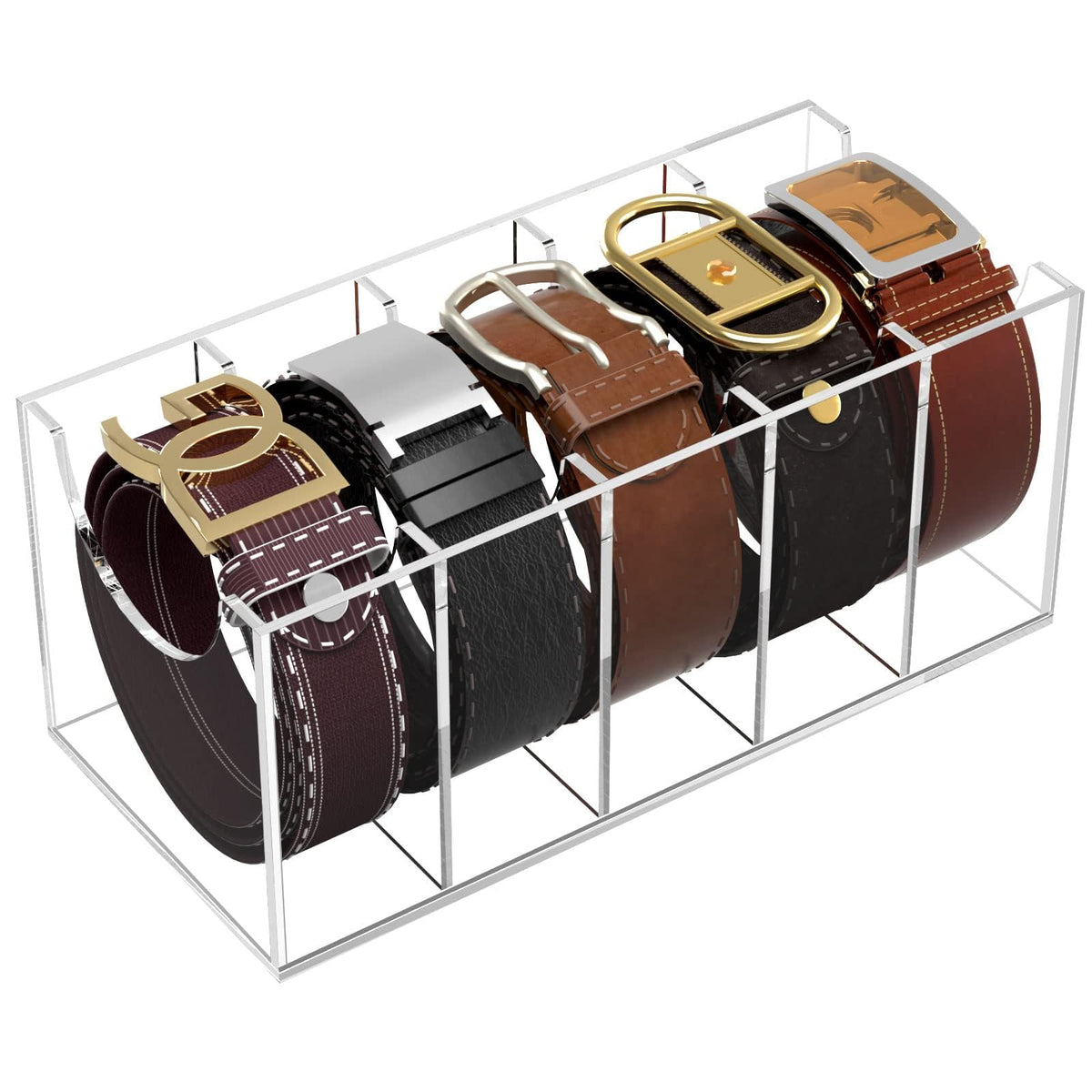 NIUBEE front view of clear 5-grid belt organizer showing neat belts