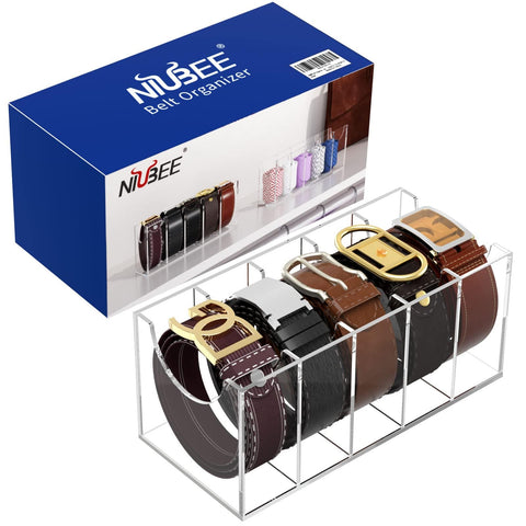 NIUBEE organizer on closet shelf saving space and keeping belts visible