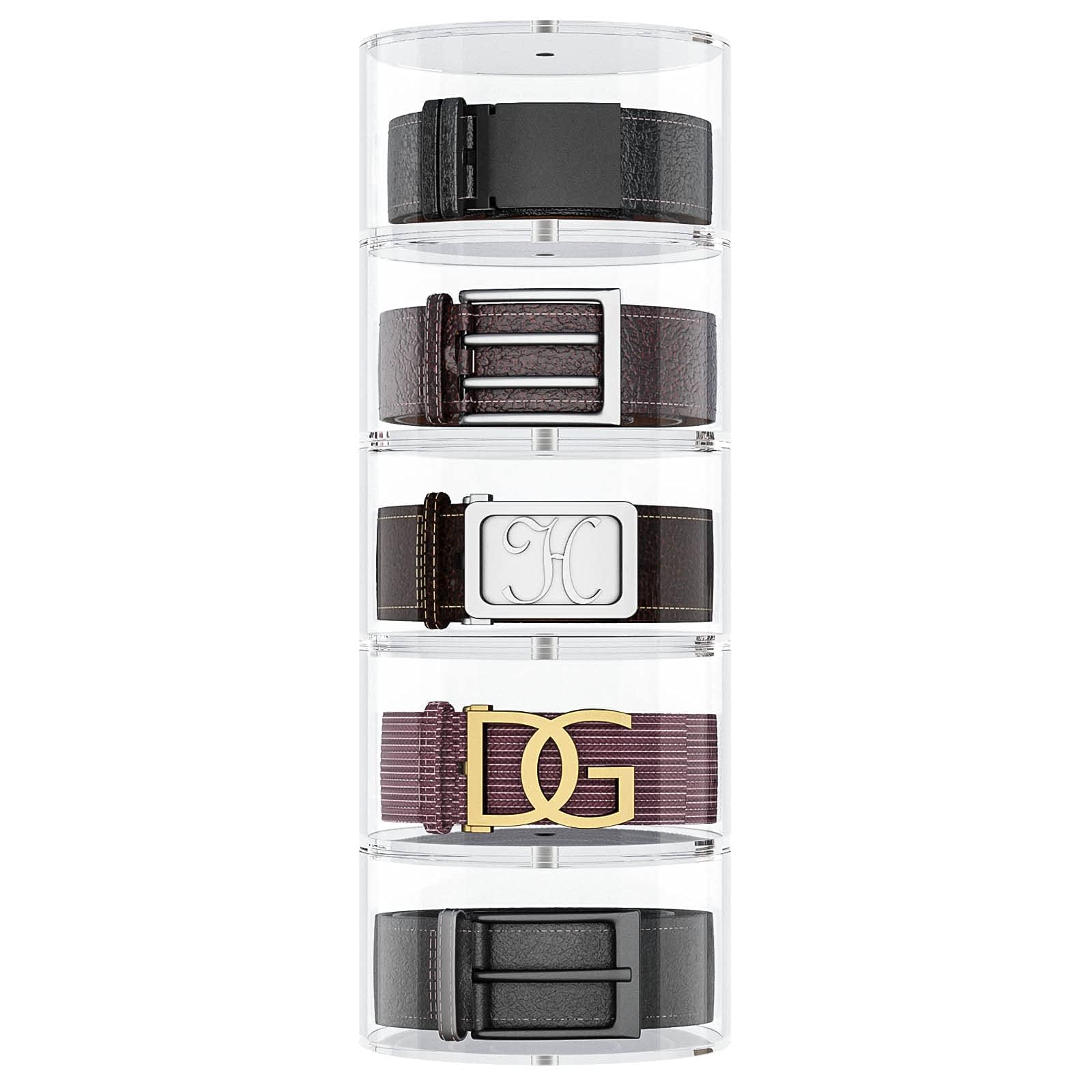 NIUBEE front view acrylic belt box showing clear compartments and neat storage benefit